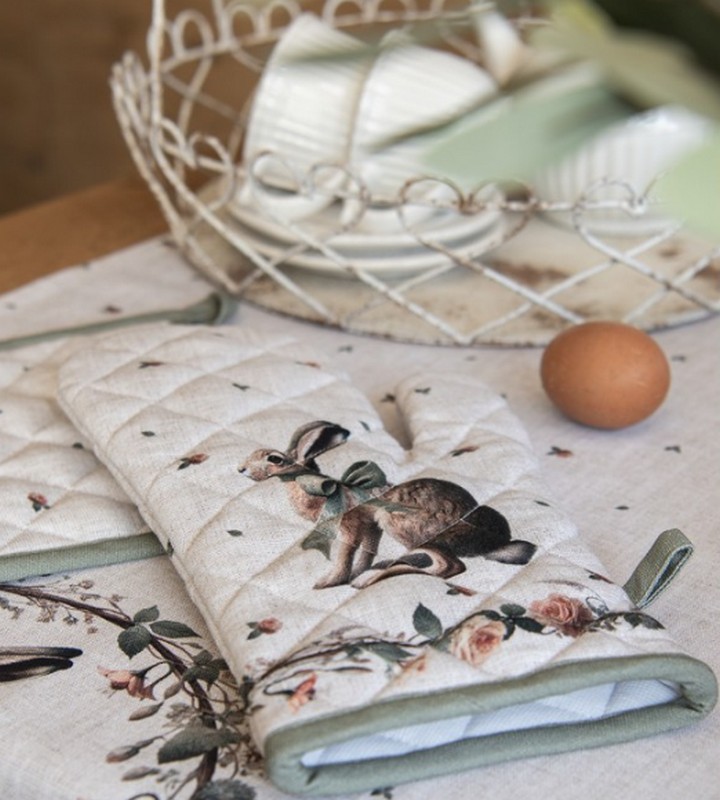 Guanto forno in cotone decorato con lepre con fiocco verde in ghirlanda, perfetto come regalo di Pasqua